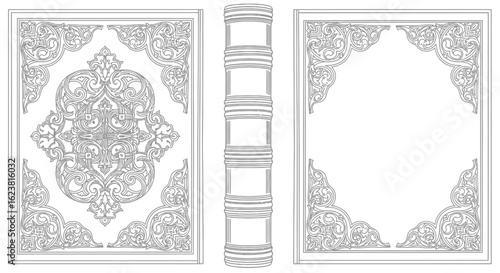 Illustration of an ornate book with detailed cover designs and a visible spine in black and white