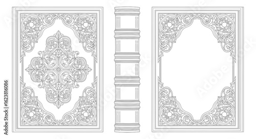 Illustration of an ornate book cover and spine with intricate floral decorations and line art design