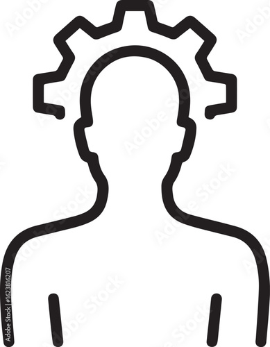 Modern professional person silhouette with gear overhead symbolizing innovation strategy and operational excellence for business growth and dynamic solutions