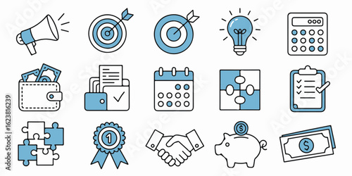 Business and Finance Linear Icon Set Representing Success, Strategy, and Innovation displayed neatly on transparent background