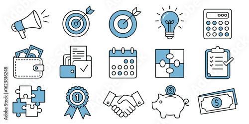 Business and Finance Linear Icon Set Representing Success, Strategy, and Innovation displayed neatly on transparent background