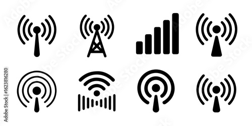 Collection of various wireless and signal strength icon designs showcasing connectivity and network representation on transparent background
