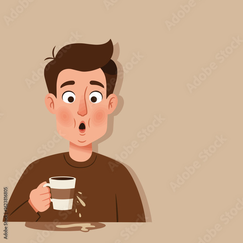 Young man with surprised expression and chubby cheeks holding cup with spilled coffee