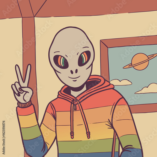 Alien character wearing a rainbow hoodie and making peace sign indoors  