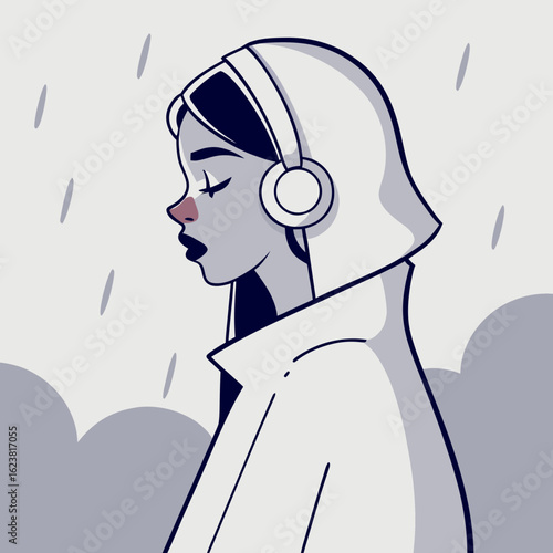 Young woman with headphones listening to music in the rain  
