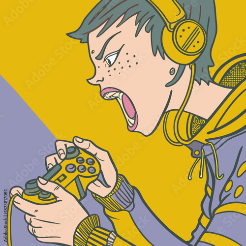 Young person with headphones yelling while playing video game  