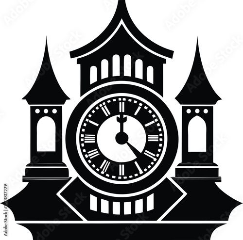 Vector art of a black and white illustration of a decorative clock tower with spires and a detailed clock face, symbolizing time, history, and architecture, isolated on white background