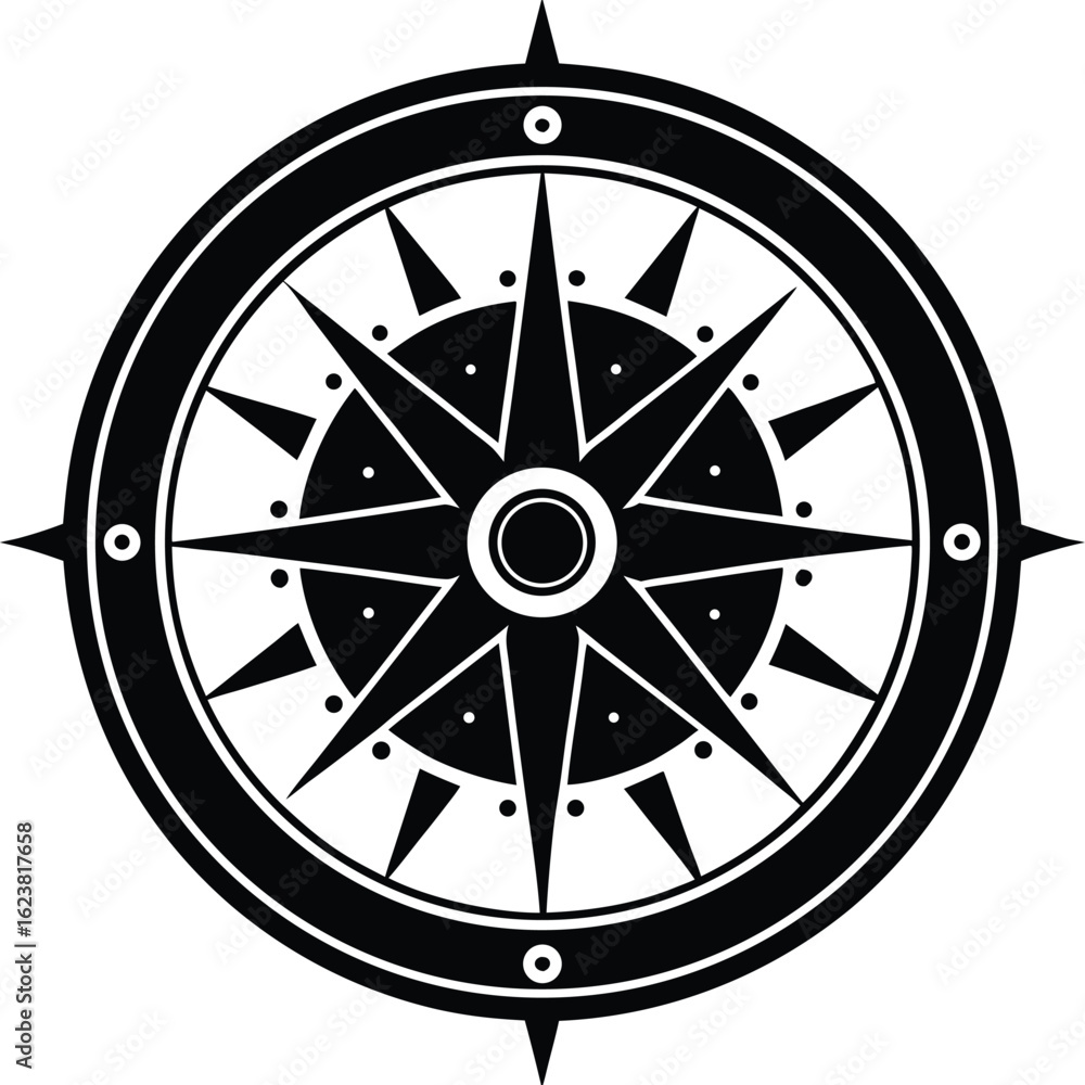 Obraz premium Vector art of stylized compass rose with cardinal directions and intermediate points, symbolizing navigation and exploration, isolated on white background