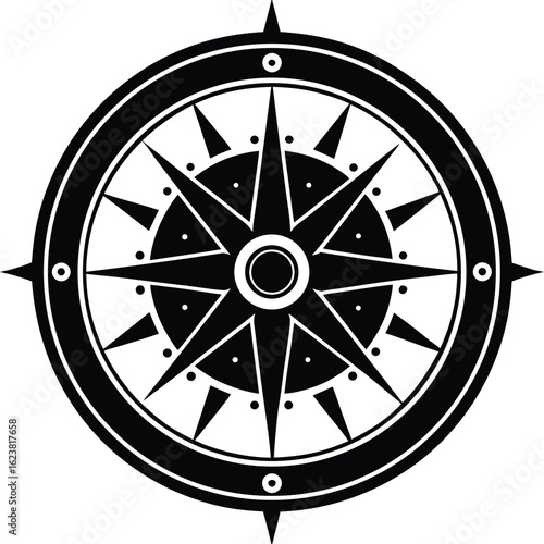 Vector art of stylized compass rose with cardinal directions and intermediate points, symbolizing navigation and exploration, isolated on white background