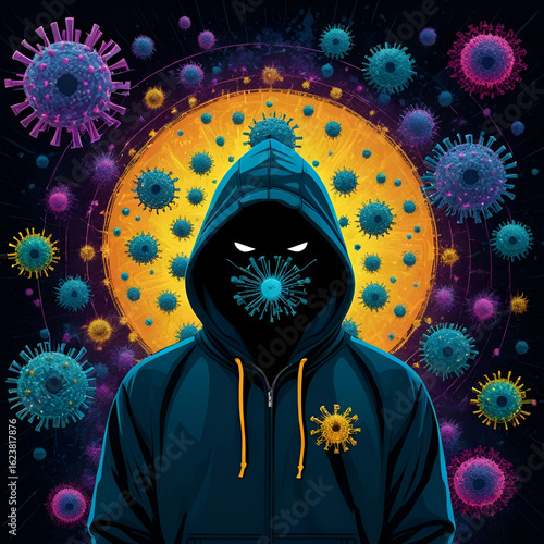 A mysterious figure in a hoodie, surrounded by abstract representations of a virus, emphasizes themes of caution and fear.