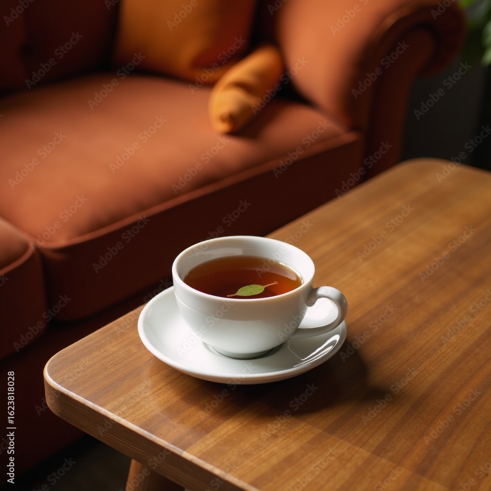Obraz premium A teacup featuring a leaf rests on a nearby table beside a couch