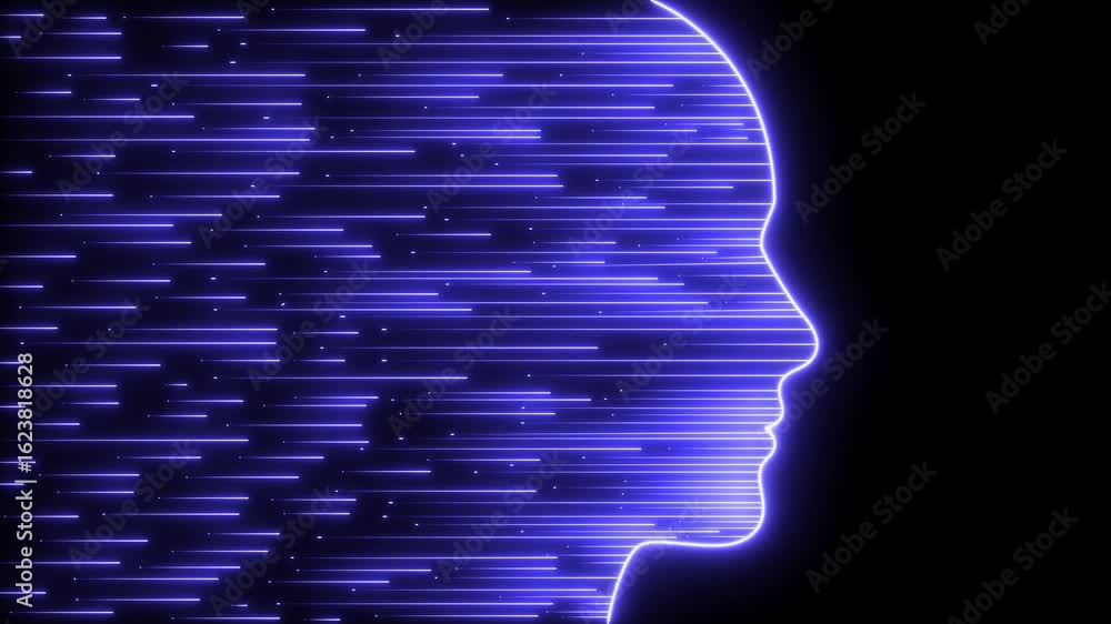 Future AI tech machine learning, face outline circuit board and binary data flow on blue Loop background. cyber mind Human fast digital computing, robot revolution Big data, artificial intelligence.