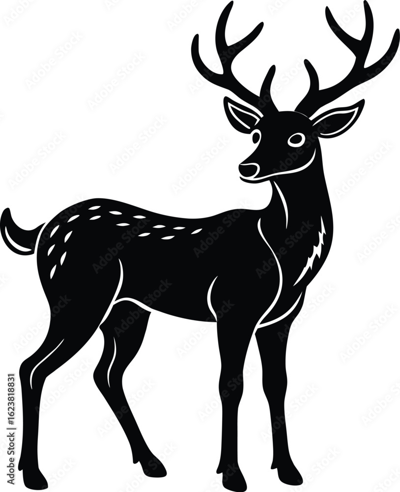 Obraz premium Vector art of a black and white silhouette of a majestic stag with large antlers standing in a natural setting, representing wildlife and the beauty of nature