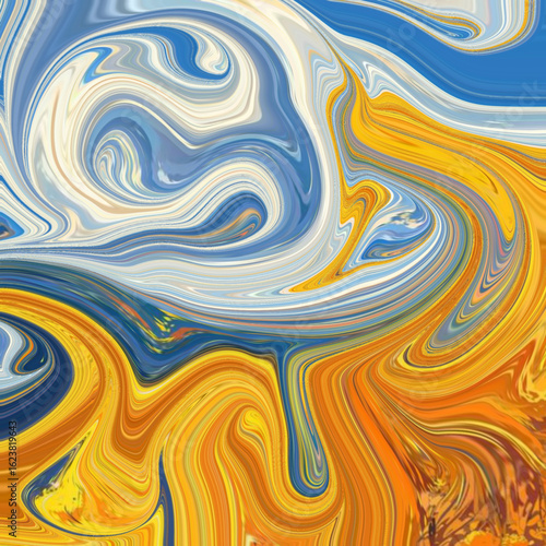 Vivid abstract swirl of blue sky and golden fields, blending fluid motion and bold colors in a dreamy art texture. Perfect for backgrounds and creative designs.
