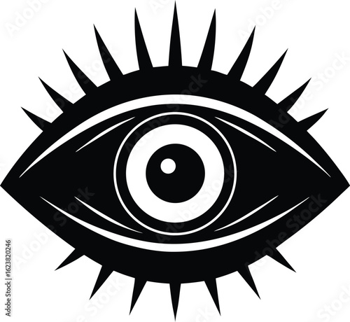 Vector art of black and white graphic illustration of an allseeing eye symbol, isolated on white background