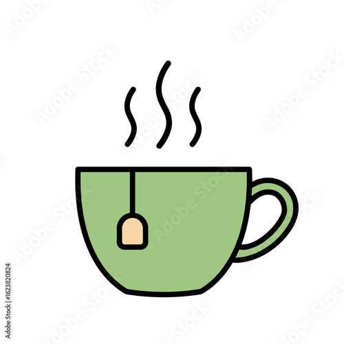 Green tea cup with a teabag and steam rising above  