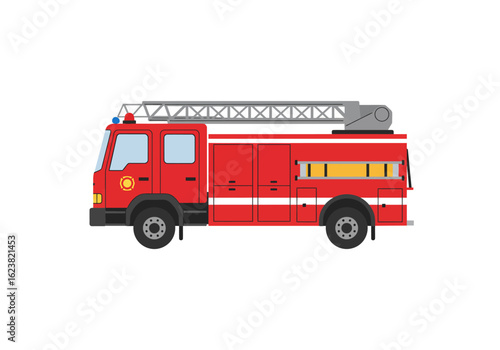 Red firetruck speeding toward the scene ladder and sirens ready