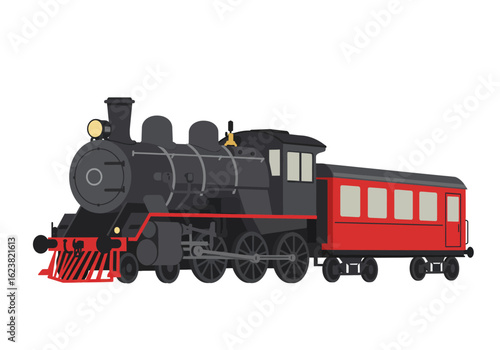 Coalpowered locomotive with a red passenger car chugging along the tracks