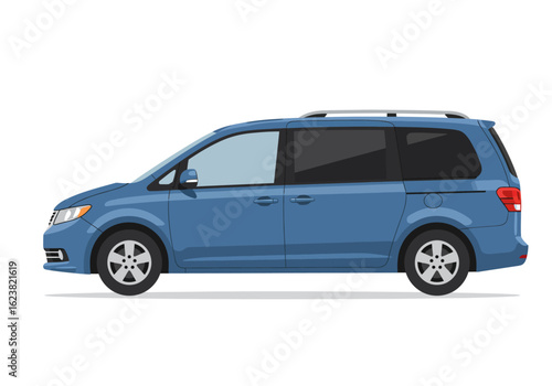 Side view of a blue minivan with silver roof racks capturing its sleek design against a neutral background