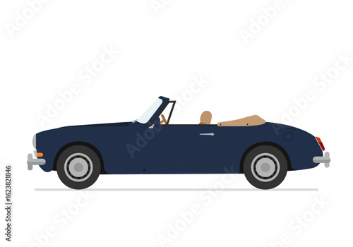 Classic blue convertible glides with retro style and tan interior