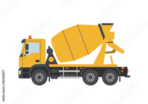 Yellow concrete mixer truck ready to pour side view