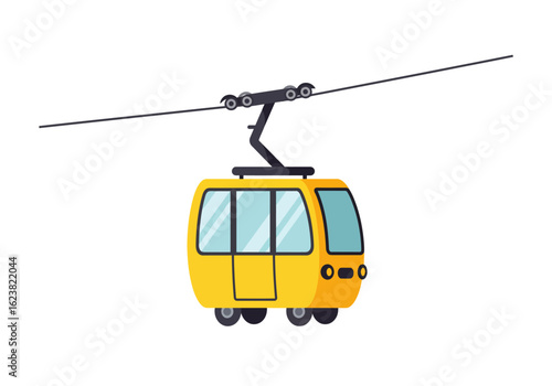 Yellow cable car climbing on cable