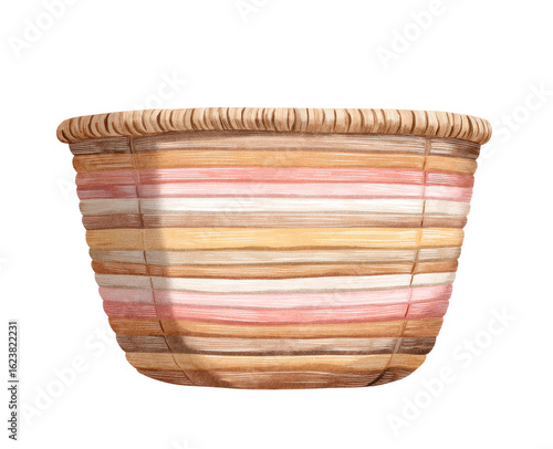 Hand-woven, shallow, round basket with horizontal stripes