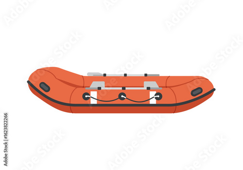 Orange inflatable raft with black rope and oars ready for river adventures
