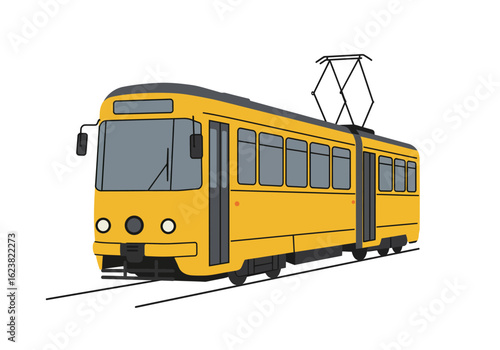 Retro yellow tram glides on tracks overhead wire design adds charm