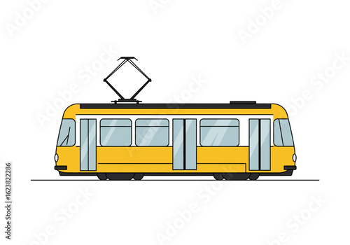 Sunny yellow tram glides on a light rail line ready for passengers