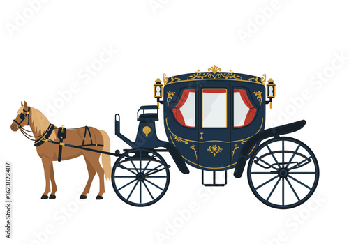 Regal horsedrawn carriage with ornate details ready for a royal ride