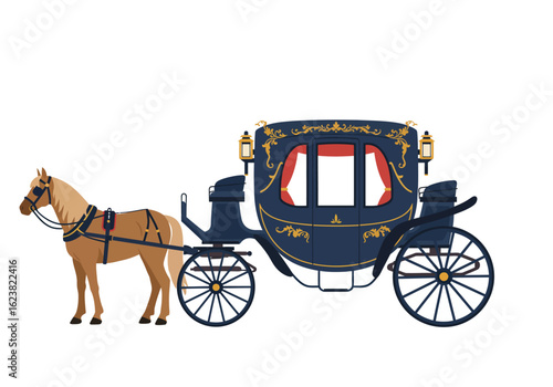 Regal horsedrawn carriage with ornate gold accents