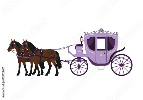 Regal purple carriage pulled by two brown horses a fairy tale journey