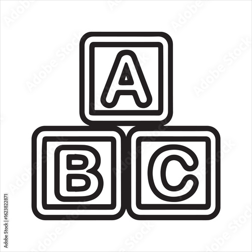 ABC blocks outline vector icon. Simple black and white line art of stacked alphabet toy cubes. Symbol for education, preschool, kindergarten, and learning basics.
