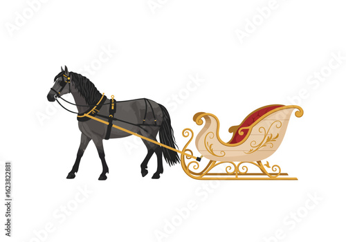 Winter Ride A gray horse pulls an ornate creamcolored sleigh with gold accents