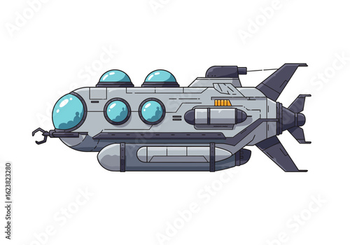 Pixelated submarine dives with bubble windows and a claw ready for underwater exploration