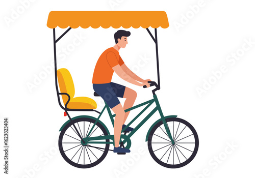Cyclist pedaling a rickshaw through a vibrant city street