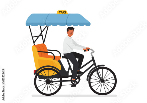 Rickshaw taxi Man pedaling under blue awning on yellow vehicle