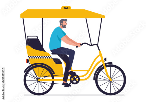 A cycle rickshaw taxi driver pedals for fares under a bright yellow roof