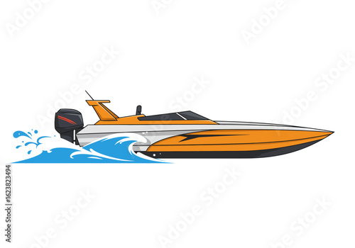 A speedy orange  white powerboat slicing through a bright blue wave