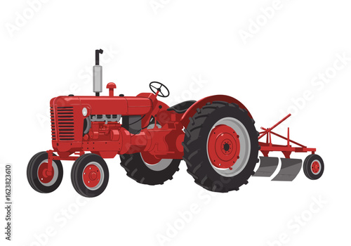 Vintage red tractor with plow ready to work the farm field