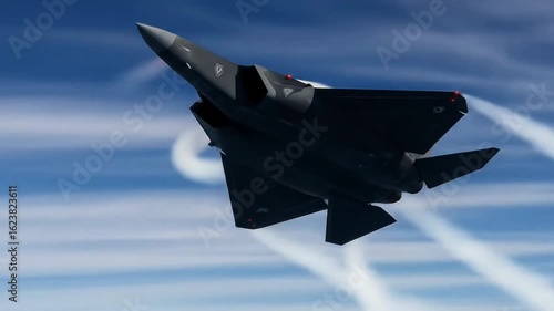 Modern single engine jet aircraft soaring through blue sky clouds