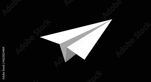 Minimalist white paper airplane icon on a black background. Simple origami symbol for communication, messaging, and travel concepts.