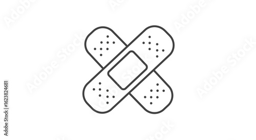 Crossed adhesive bandages line icon. A simple black and white symbol for first aid, injury, and medical care.