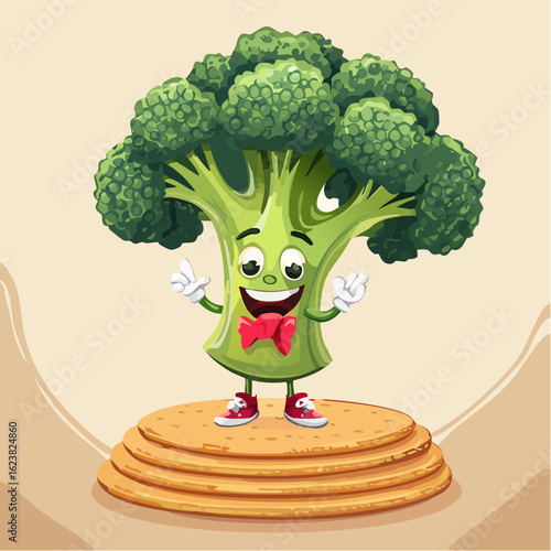This bold broccoli drops cheesy one-liners under a cracker spotlight, earning laughs and crumbs.