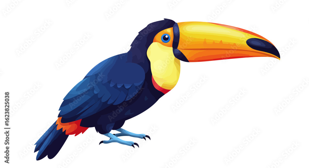 Naklejka premium Vibrant toucan bird illustration, a symbol of exotic tropical wildlife. Detailed digital art isolated on a white background.