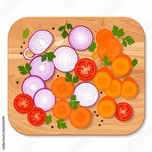Fresh sliced vegetables on a wooden cutting board. Red onion, carrot, and tomato for healthy cooking and meal preparation.