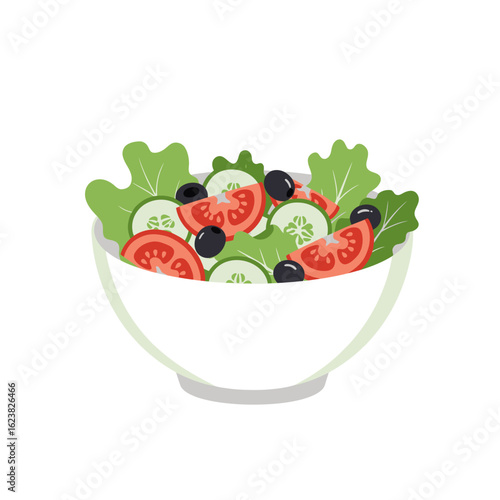 Fresh and Colorful Salad Bowl A Vibrant Mix of Vegetables and Olives for a Healthy Meal, Food Illustration