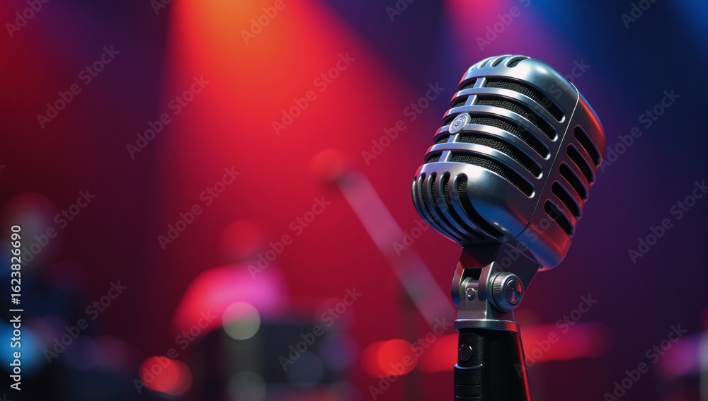 Obraz premium Ok Close-up of mic onstage amidst blurred concert lights symbolizing dynamic performance environment