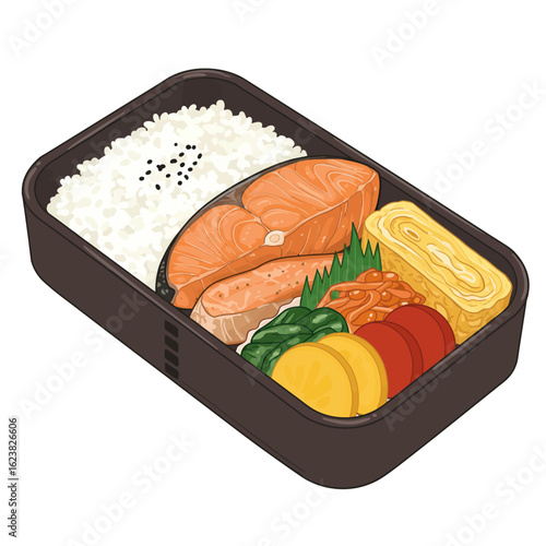 Delicious Salmon Bento Box Lunch with Rice and Side Dishes, a Nutritious and Appealing Meal for On-the-Go